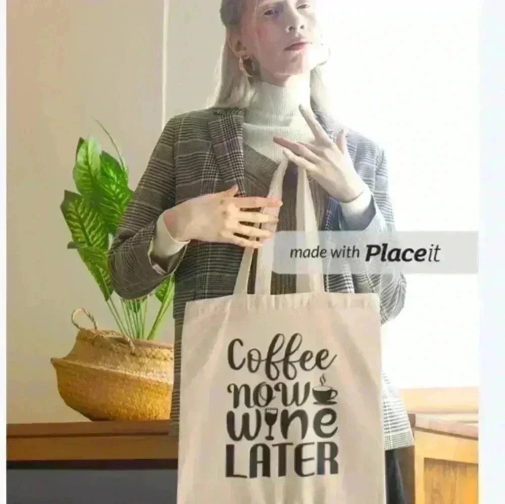 Coffee now wine later  funny sayings recycled tote bag - Picture 3 of 3